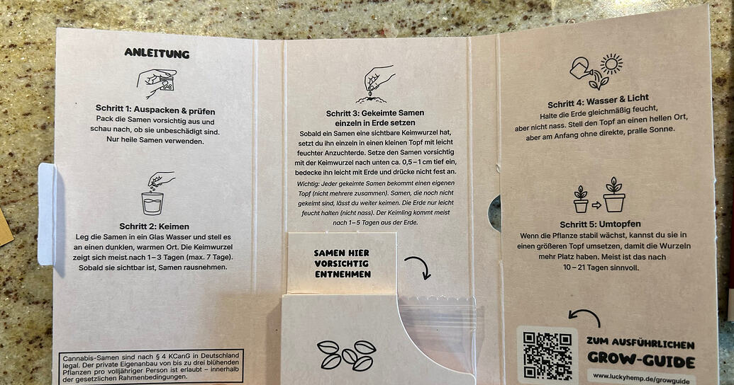 Eine gedruckte Anleitung von Lucky Hemp zur Keimung und Anzucht von Cannabis-Samen.