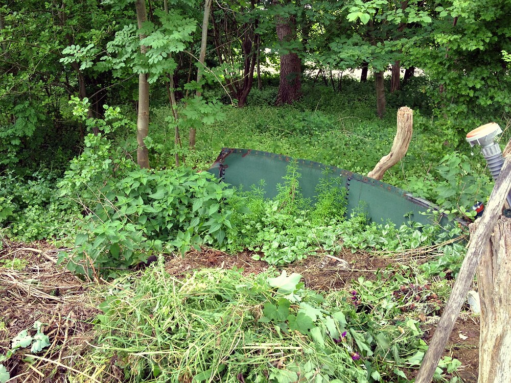 Ein Gartenbereich mit einer grünen Metallbarriere, umgeben von wildem Bewuchs und Kompostmaterial.