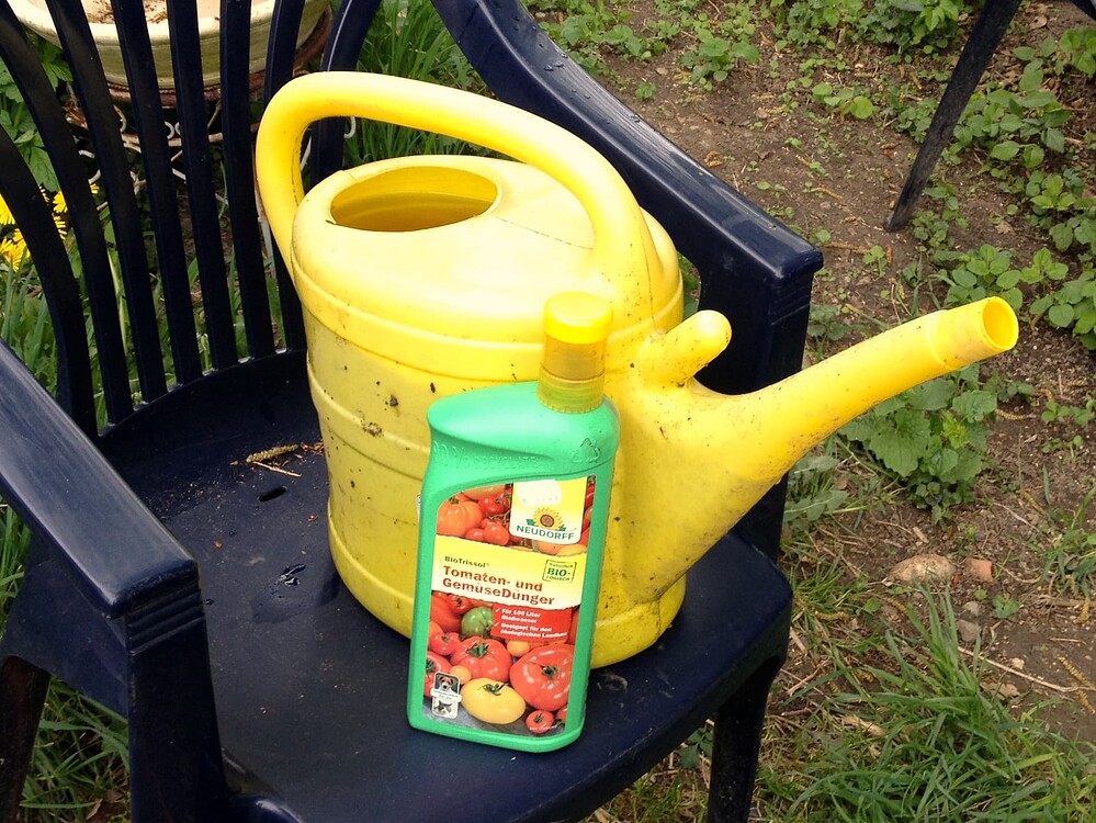 Eine gelbe Gießkanne und eine Flasche Neudorff BioTrissol Tomaten- und Gemüsedünger stehen auf einem blauen Plastikstuhl im Freien.