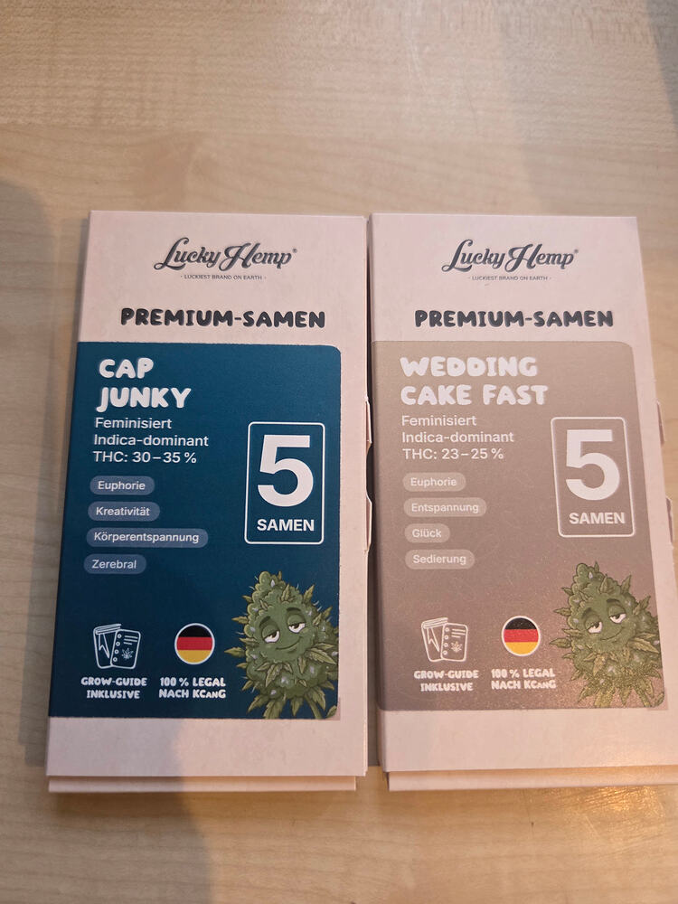 Zwei Packungen Lucky Hemp Premium-Samen, links Cap Junky und rechts Wedding Cake Fast.