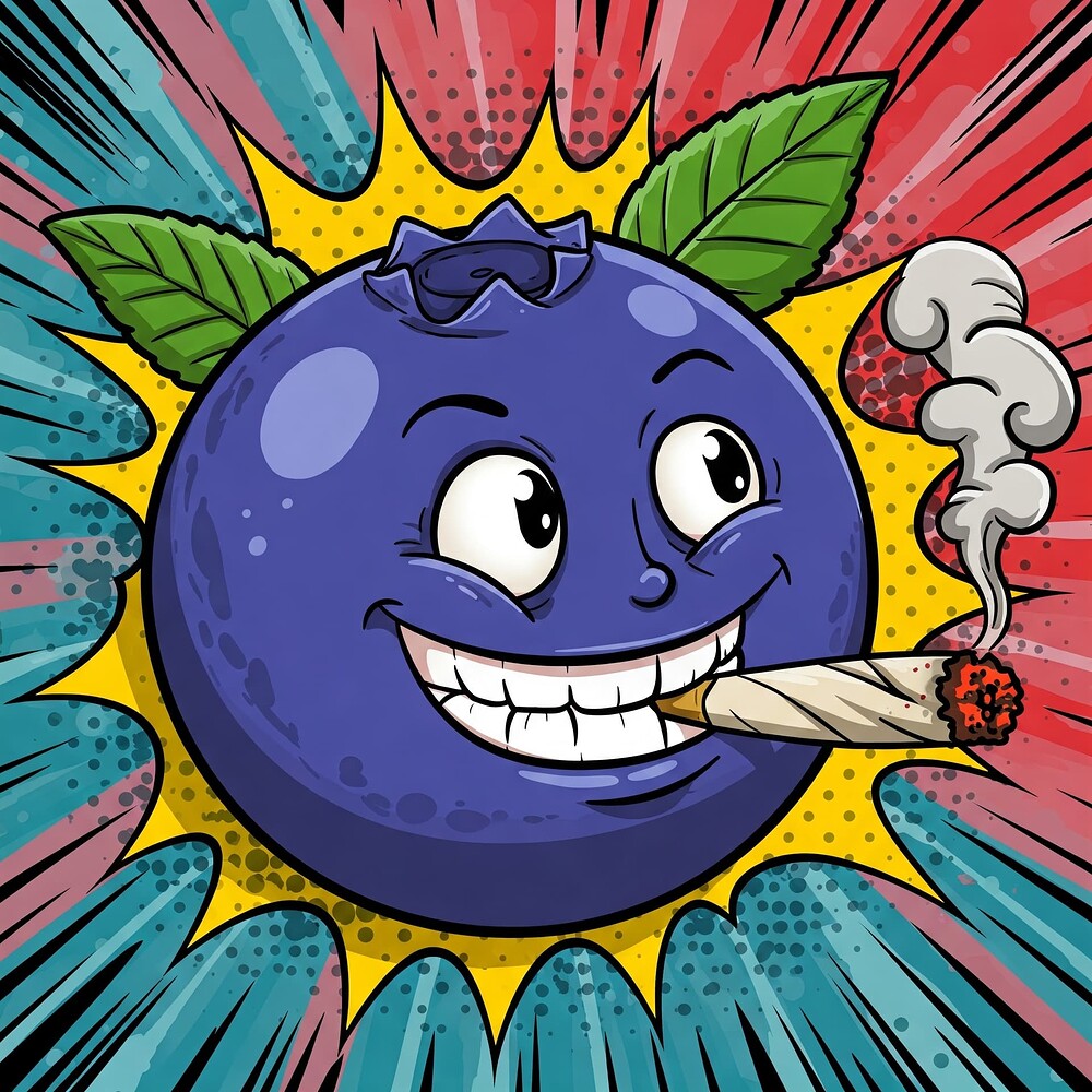 Eine Comic-Illustration einer lächelnden Blaubeere, die einen Joint raucht, vor einem bunten Pop-Art-Hintergrund.