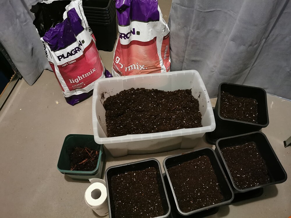 Vorbereitung der Erde für den Anbau mit Plagron Lightmix und Growmix Säcken sowie mehreren leeren Pflanztöpfen.
