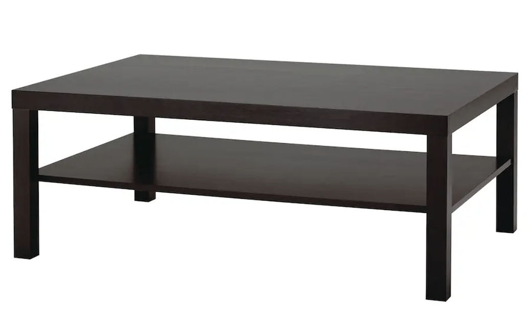 Ein dunkler Couchtisch von Ikea, der als Unterlage für ein Growzelt dient.