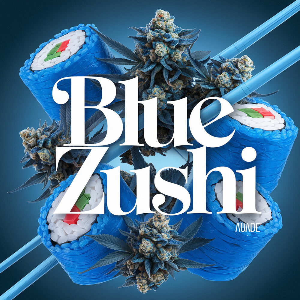 Grafische Darstellung von Cannabis-Buds kombiniert mit Sushi-Rollen und Essstäbchen, mit dem Text 'Blue Zushi' in der Mitte.